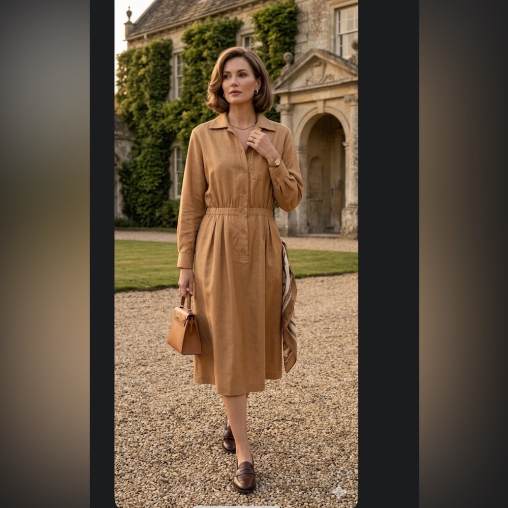 Vintage YSL Rive Gauche Tan Raw Silk Shirt Dress FR 42 US 8/10 - Picture 3 of 15